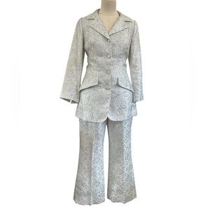 60’s/70’s Eve Le Coq silver metallic brocade pantsuit small